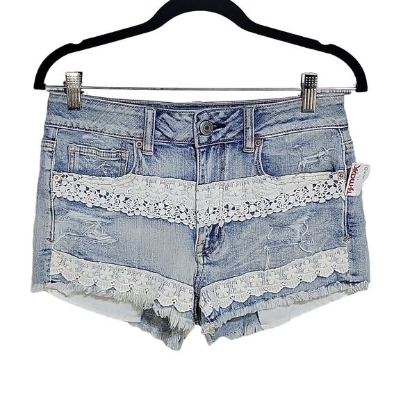 American Eagle Stretch Hi-Rise Shortie Lace Detailed Jean Shorts Size 6 NWT - Picture 1 of 11